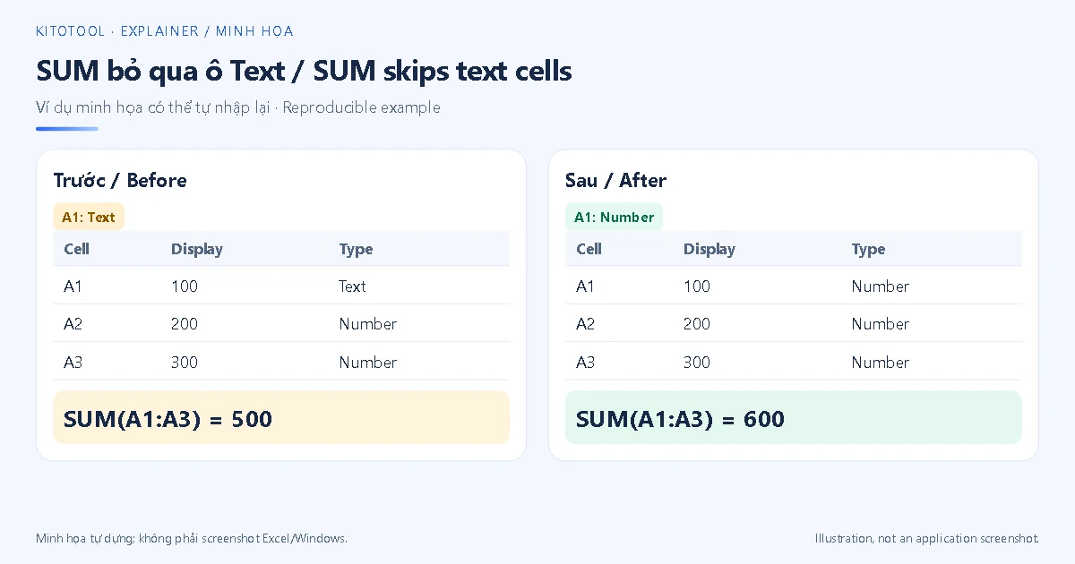 Conceptual three-cell example: 100 stored as text leaves a SUM of 500; three numeric values produce 600.
