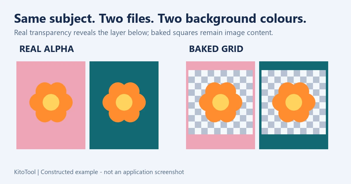 The same flower over pink and teal: the alpha version reveals each background, while the baked-checkerboard version keeps its grey-and-white rectangle.