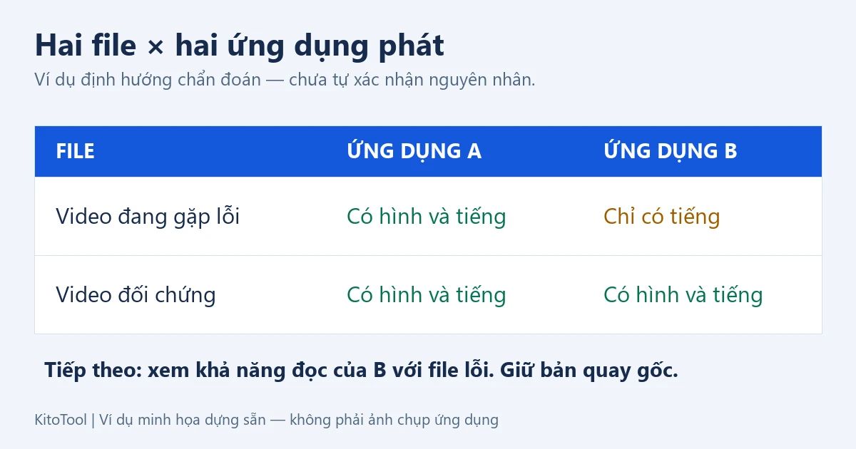 Ma trận minh họa hai file và hai ứng dụng: kết quả có hình hoặc chỉ có tiếng được ghi riêng để tìm lỗi đi theo file hay trình phát.