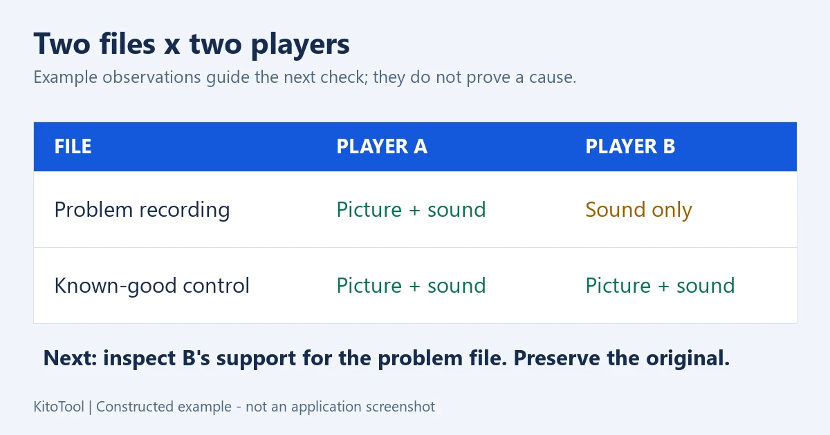 A two-file, two-player comparison records visible-picture and audio-only results separately to narrow down the fault.