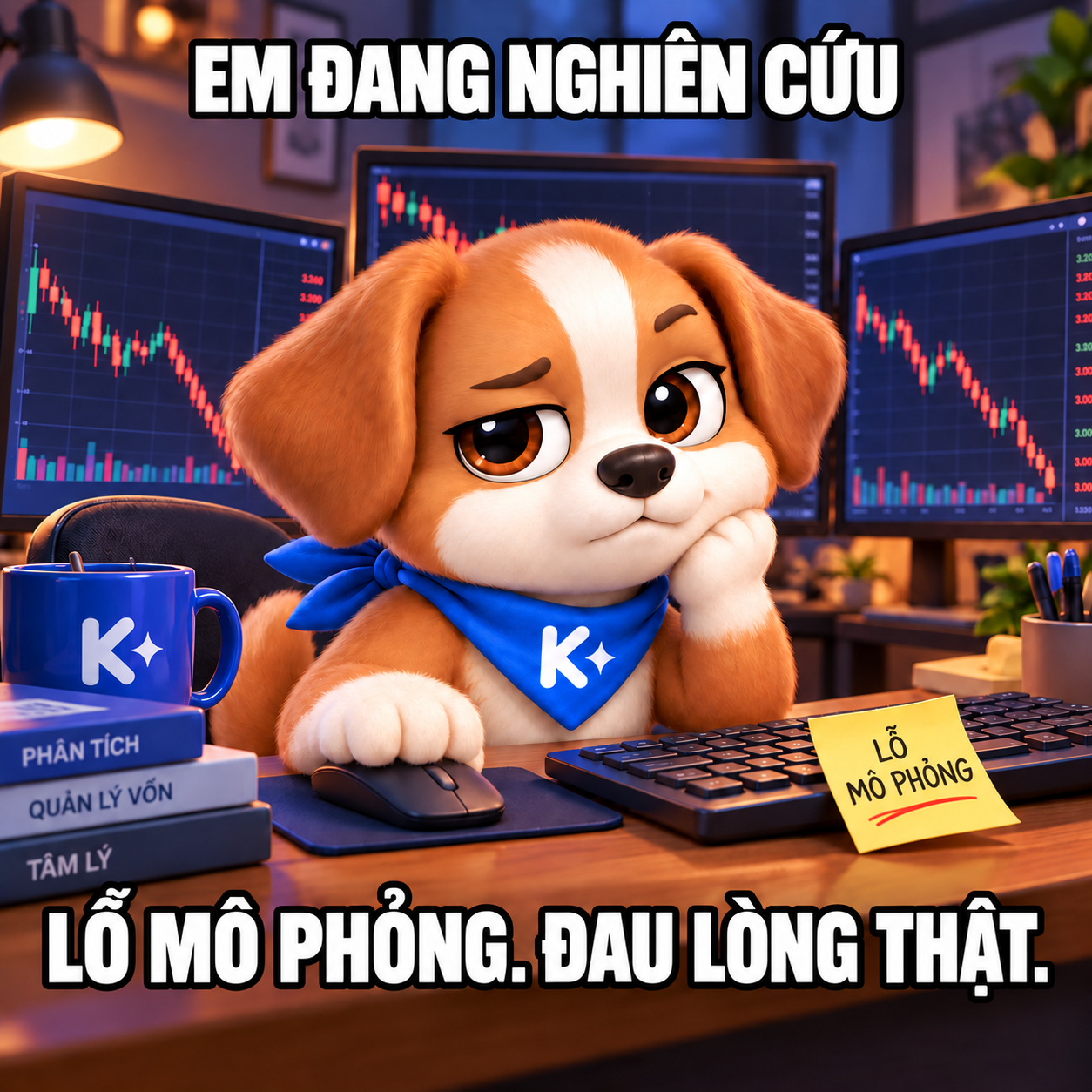 Kito nhìn biểu đồ giao dịch đỏ rực, vẻ mặt tiếc tiền.