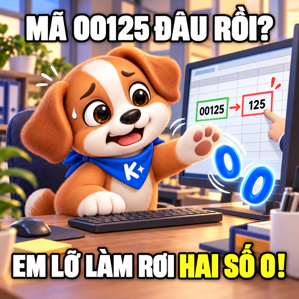 Kito hốt hoảng giữ lại hai số 0 khi mã hồ sơ 00125 trên bảng tính bị đổi thành 125.