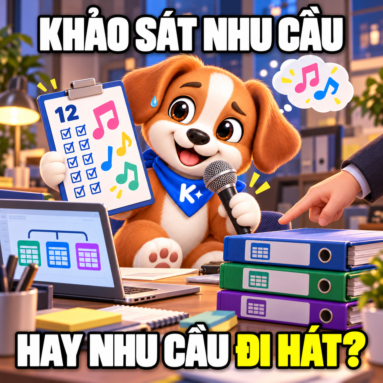 Kito trình bản khảo sát nhưng lại cầm mic, trong khi ba file báo cáo trên bàn vẫn chờ xử lý.