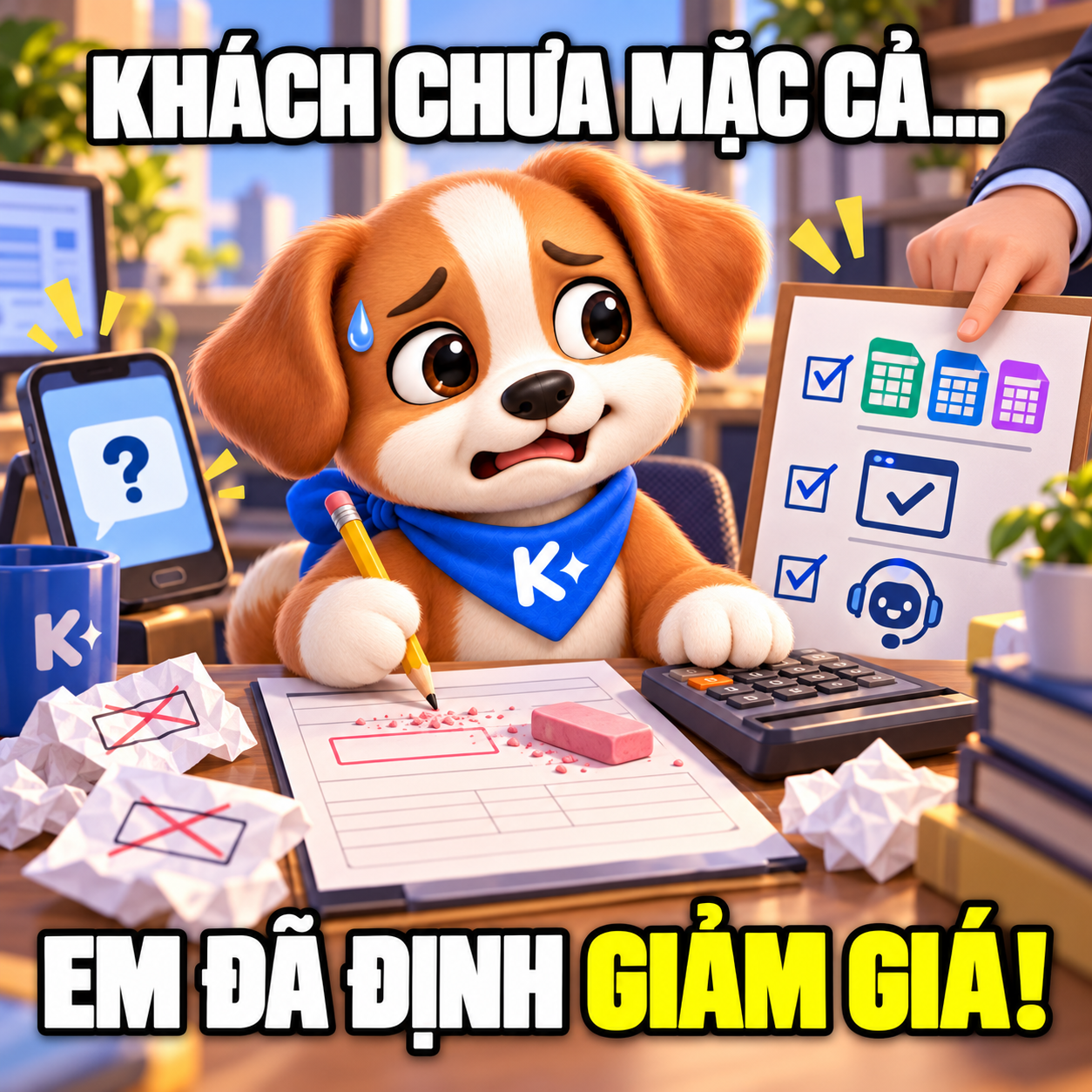 Kito bối rối trước tờ báo giá trống, suýt tự giảm giá trước khi khách kịp mặc cả.