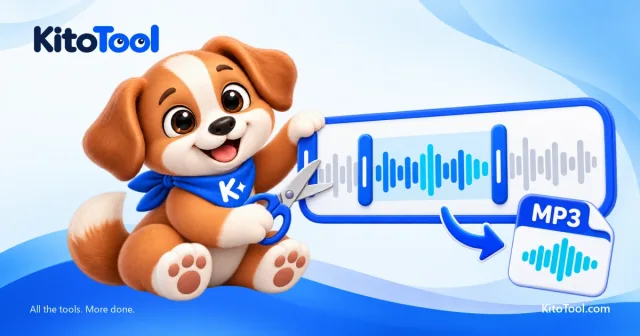 Kito selects a blue audio waveform segment with trim handles and scissors beside an MP3 file.