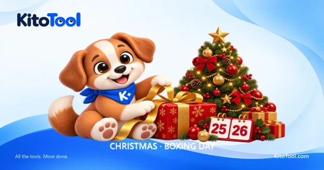 Kito ties a ribbon on a Christmas gift beside a tree and calendar dates 25 and 26.