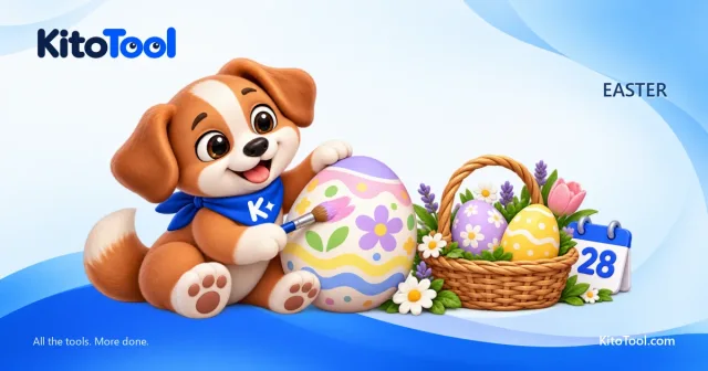Kito paints an Easter egg beside a flowered basket and calendar marked 28.