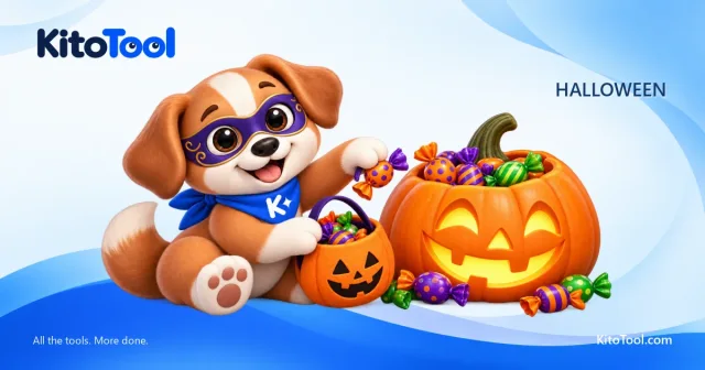 Kito wears a purple mask and hands out candy beside a jack-o'-lantern filled with sweets.