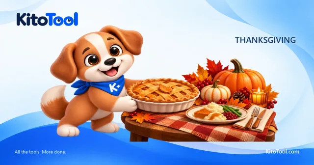 Kito carries a pie to a Thanksgiving table decorated with pumpkins and autumn leaves.