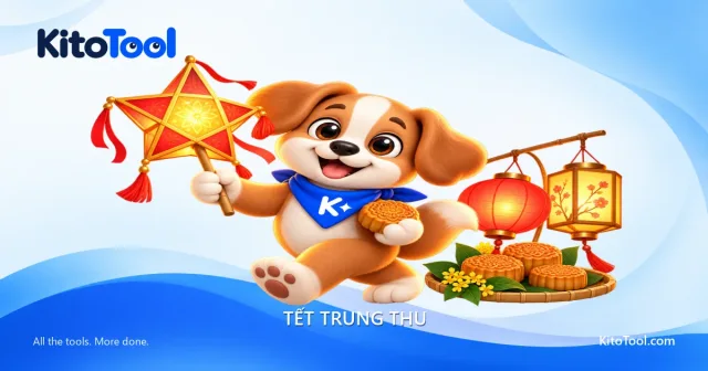 Kito cầm đèn ông sao đi rước Trung Thu và cầm bánh nướng, bên những lồng đèn sáng.