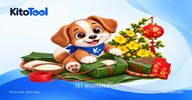 Kito gói bánh chưng bên hoa mai, đèn lồng đỏ và bao lì xì ngày Tết.