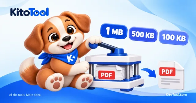 Mascot Kito nén một tập tài liệu PDF bằng máy ép, bên cạnh các mốc dung lượng 1 MB, 500 KB và 100 KB