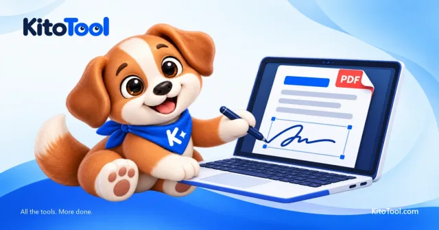 Mascot Kito dùng bút cảm ứng đặt chữ ký hiển thị lên tài liệu PDF trên máy tính