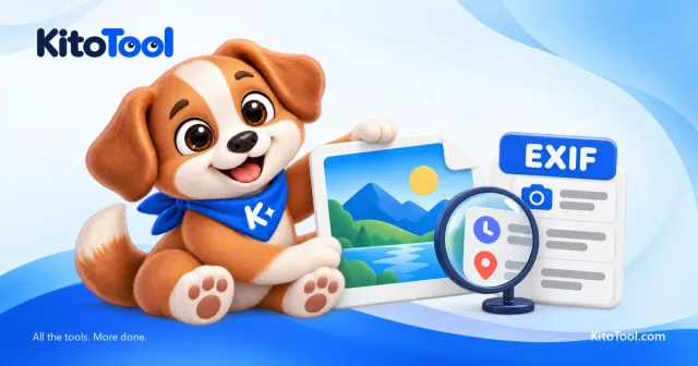 Mascot Kito kiểm tra ảnh và bảng EXIF với kính lúp, cùng biểu tượng thiết bị, thời gian và vị trí