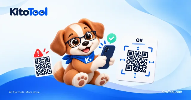 Kito dùng điện thoại kiểm tra một thẻ QR có viền trắng rộng cạnh mẫu bị cắt sát mép.